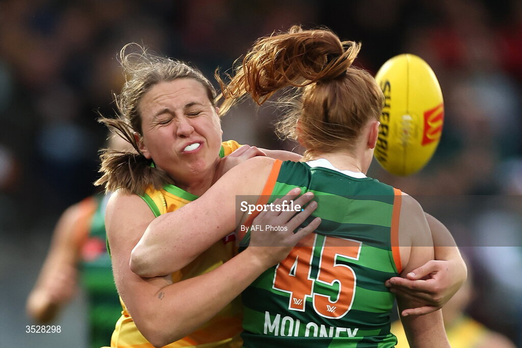 1 August 2026; Chelsea Biddell of Australia tackles Aisling Moloney of Ireland during the AFLW test match between Australia and Ireland at the North Sydney Oval in Sydney, Australia. Photo by Darrian Traynor/Getty Images/AFL Photos via Sportsfile