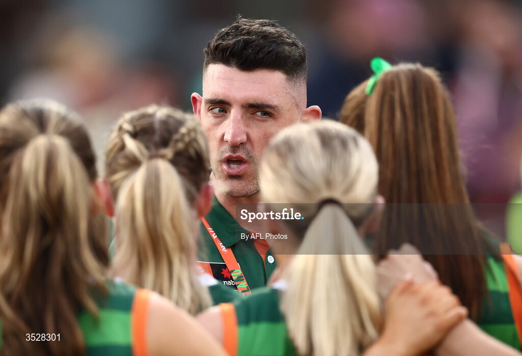1 August 2026; Ireland head coach Colin O'Riordan during the AFLW test match between Australia and Ireland at the North Sydney Oval in Sydney, Australia. Photo by James Wiltshire/AFL Photos via Sportsfile
