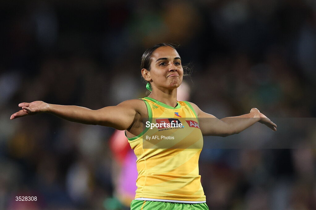 1 August 2026; Courtney Hodder of Australia celebrates a goal during the AFLW test match between Australia and Ireland at the North Sydney Oval in Sydney, Australia. Photo by Darrian Traynor/Getty Images/AFL Photos via Sportsfile