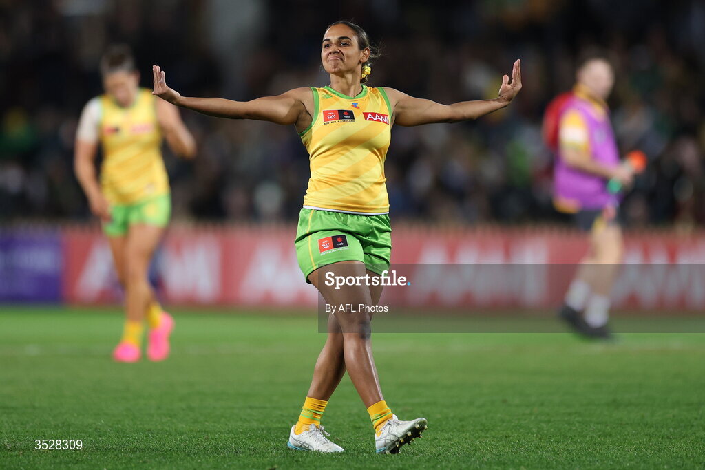 1 August 2026; Courtney Hodder of Australia celebrates a goal during the AFLW test match between Australia and Ireland at the North Sydney Oval in Sydney, Australia. Photo by Darrian Traynor/Getty Images/AFL Photos via Sportsfile