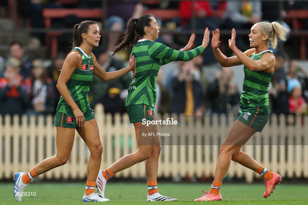 1 August 2026; Blaithin Bogue of Ireland celebrates with team-mate Orla O'Dwyer, right, after scoring a goal during the AFLW test match between Australia and Ireland at the North Sydney Oval in Sydney, Australia. Photo by Darrian Traynor/Getty Images/AFL Photos via Sportsfile