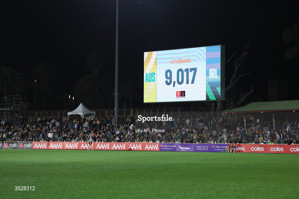 1 August 2026; A general view of the big screen showing an attendance of 9,017 during the AFLW test match between Australia and Ireland at the North Sydney Oval in Sydney, Australia. Photo by Darrian Traynor/Getty Images/AFL Photos via Sportsfile