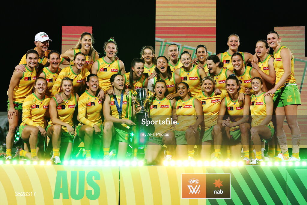 1 August 2026; Australia celebrate after victory in the AFLW test match between Australia and Ireland at the North Sydney Oval in Sydney, Australia. Photo by Darrian Traynor/Getty Images/AFL Photos via Sportsfile