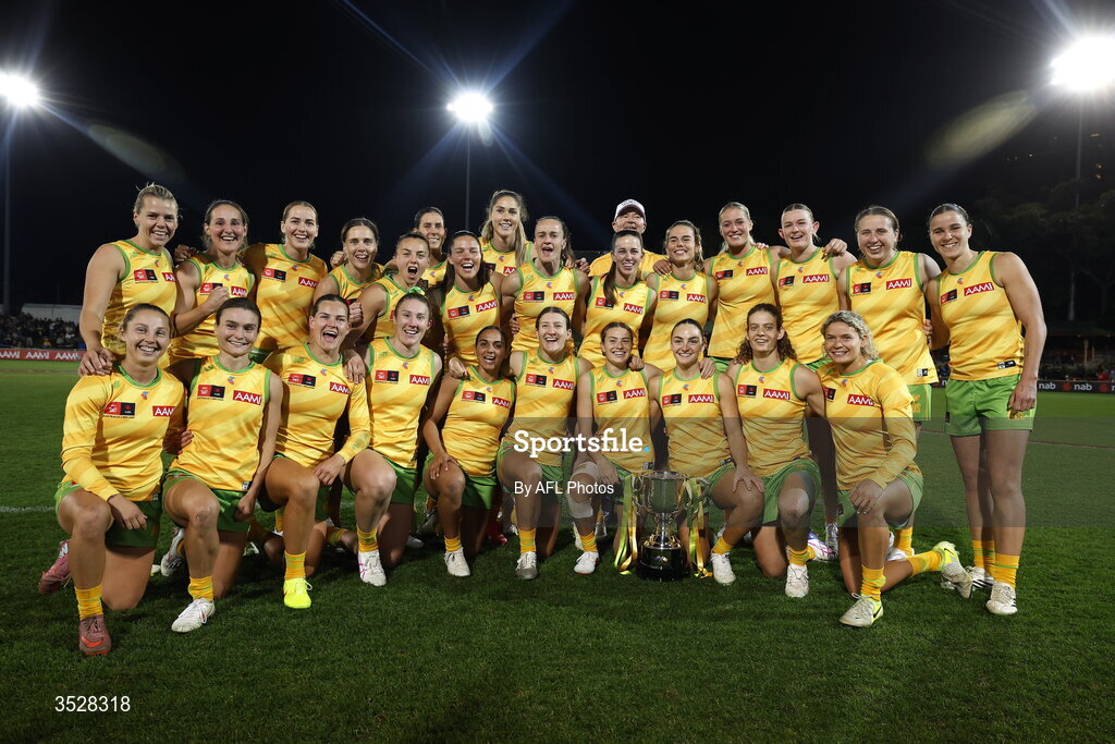 1 August 2026; Australia celebrate after victory in the AFLW test match between Australia and Ireland at the North Sydney Oval in Sydney, Australia. Photo by Darrian Traynor/Getty Images/AFL Photos via Sportsfile