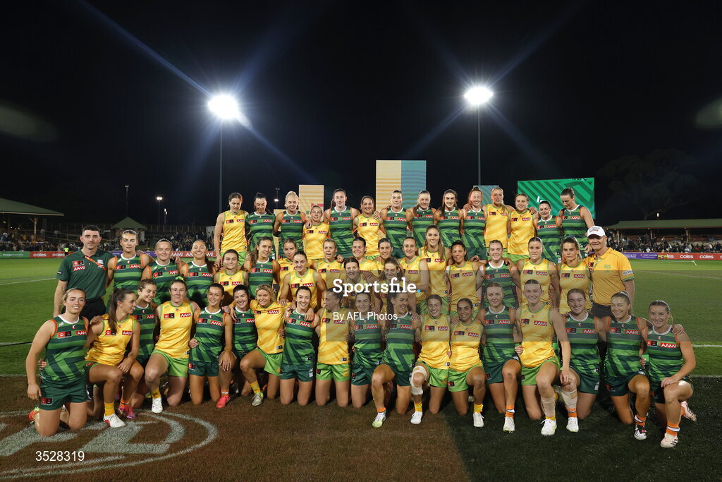 1 August 2026; Australia and Ireland players in a group photo after the AFLW test match between Australia and Ireland at the North Sydney Oval in Sydney, Australia. Photo by Darrian Traynor/Getty Images/AFL Photos via Sportsfile