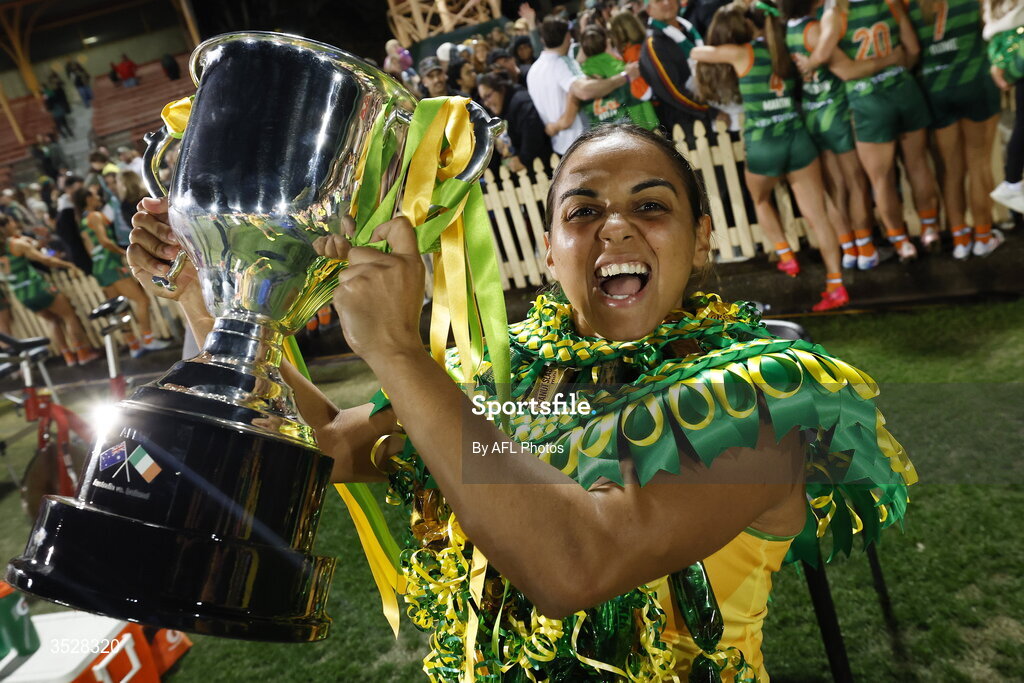 1 August 2026; Courtney Hodder of Australia celebrates with the cup after victory in the AFLW test match between Australia and Ireland at the North Sydney Oval in Sydney, Australia. Photo by Darrian Traynor/Getty Images/AFL Photos via Sportsfile