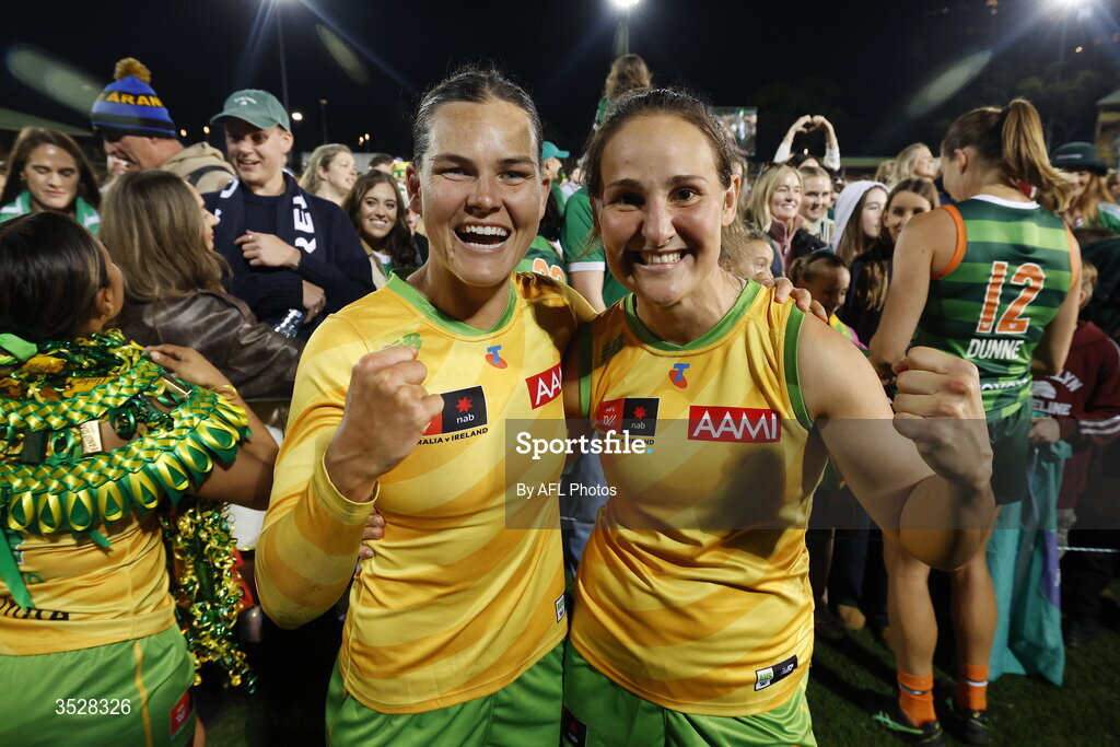 1 August 2026; Australia players Sophie Conway and Breanna Koenen celebrate after victory in the AFLW test match between Australia and Ireland at the North Sydney Oval in Sydney, Australia. Photo by Darrian Traynor/Getty Images/AFL Photos via Sportsfile
