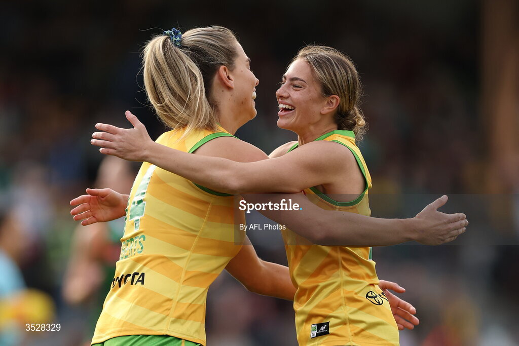 1 August 2026; Zippy Fish of Australia, right, celebrates with team-mate Ella Roberts after scoring a goal during the AFLW test match between Australia and Ireland at the North Sydney Oval in Sydney, Australia. Photo by Darrian Traynor/Getty Images/AFL Photos via Sportsfile