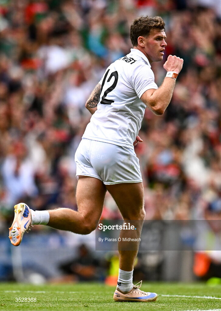 26 July 2026; Jordan Flynn of Mayo celebrates during the GAA Football All-Ireland Senior Championship final match between Kerry and Mayo at Croke Park in Dublin. Photo by Piaras Ó Mídheach/Sportsfile
