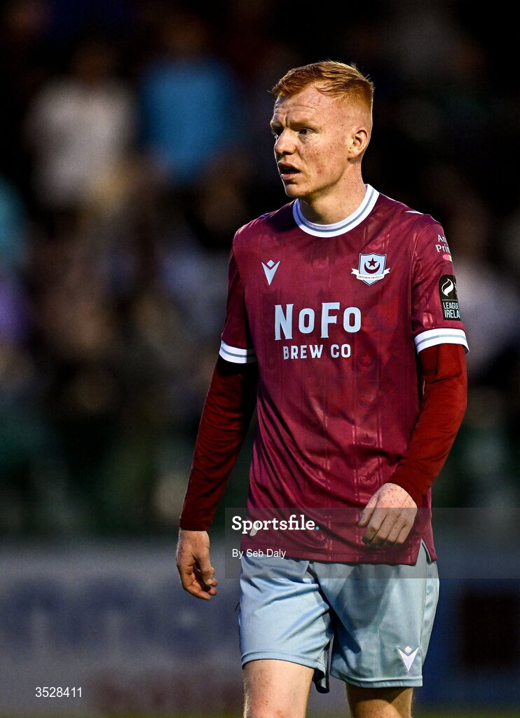 31 July 2026; Shane Farrell of Drogheda United during the SSE Airtricity Men’s Premier Division match between Drogheda United and Shamrock Rovers at Sullivan & Lambe Park in Drogheda, Louth. Photo by Seb Daly/Sportsfile