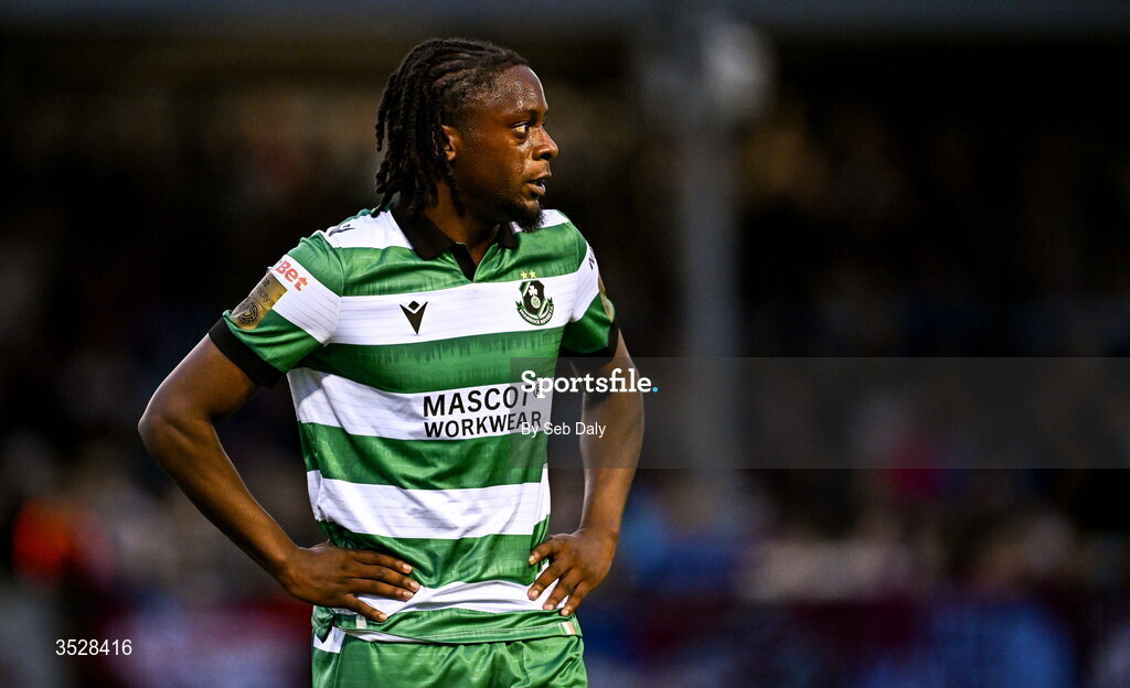 31 July 2026; Jonathan Afolabi of Shamrock Rovers during the SSE Airtricity Men’s Premier Division match between Drogheda United and Shamrock Rovers at Sullivan & Lambe Park in Drogheda, Louth. Photo by Seb Daly/Sportsfile