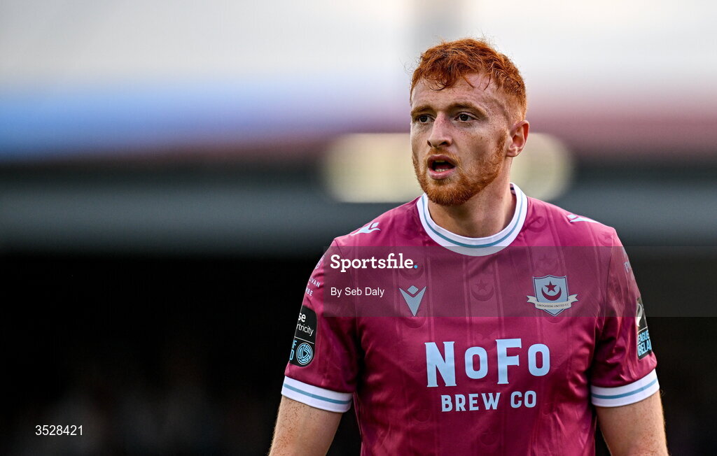 31 July 2026; James Bolger of Drogheda United during the SSE Airtricity Men’s Premier Division match between Drogheda United and Shamrock Rovers at Sullivan & Lambe Park in Drogheda, Louth. Photo by Seb Daly/Sportsfile