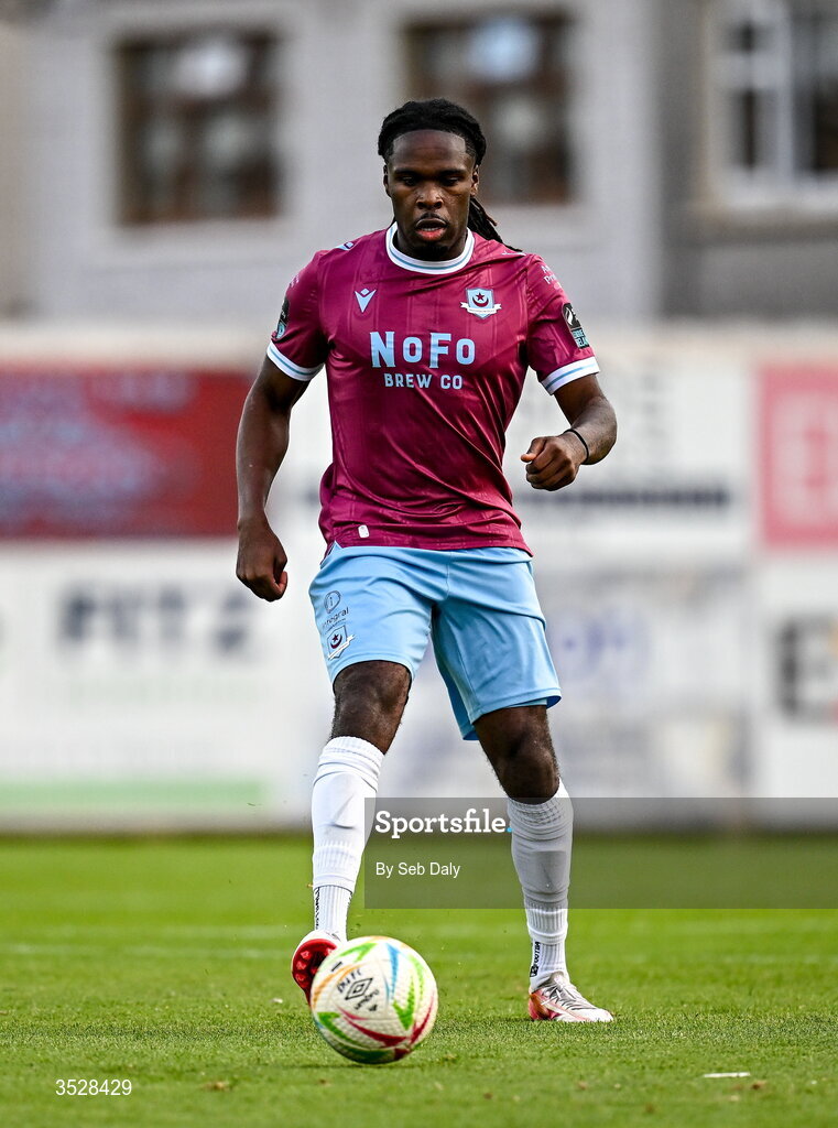 31 July 2026; Thomas Oluwa of Drogheda United during the SSE Airtricity Men’s Premier Division match between Drogheda United and Shamrock Rovers at Sullivan & Lambe Park in Drogheda, Louth. Photo by Seb Daly/Sportsfile