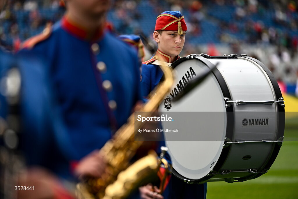 26 July 2026; A member of the Artane Band before the GAA Football All-Ireland Senior Championship final match between Kerry and Mayo at Croke Park in Dublin. Photo by Piaras Ó Mídheach/Sportsfile