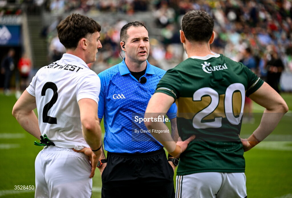 26 July 2026; Referee Martin McNally with captains Jack Coyne of Mayo and Paul Geaney of Kerry before the GAA Football All-Ireland Senior Championship final match between Kerry and Mayo at Croke Park in Dublin. Photo by David Fitzgerald/Sportsfile