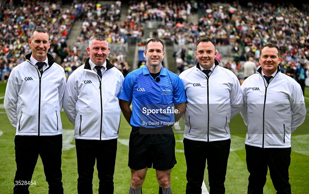 26 July 2026; Referee Martin McNally with officials before the GAA Football All-Ireland Senior Championship final match between Kerry and Mayo at Croke Park in Dublin. Photo by David Fitzgerald/Sportsfile