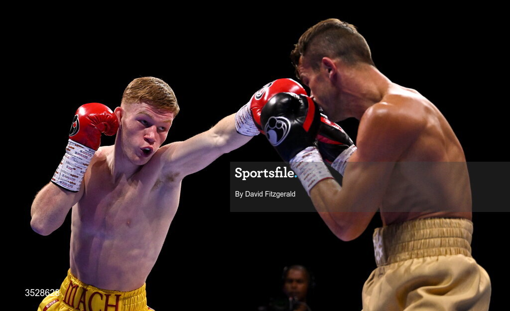 1 August 2026; Machlan Arthur, left, in action against Ryan Frost during their welterweight bout during the Boxing in Dublin event at the 3Arena in Dublin. Photo by David Fitzgerald/Sportsfile