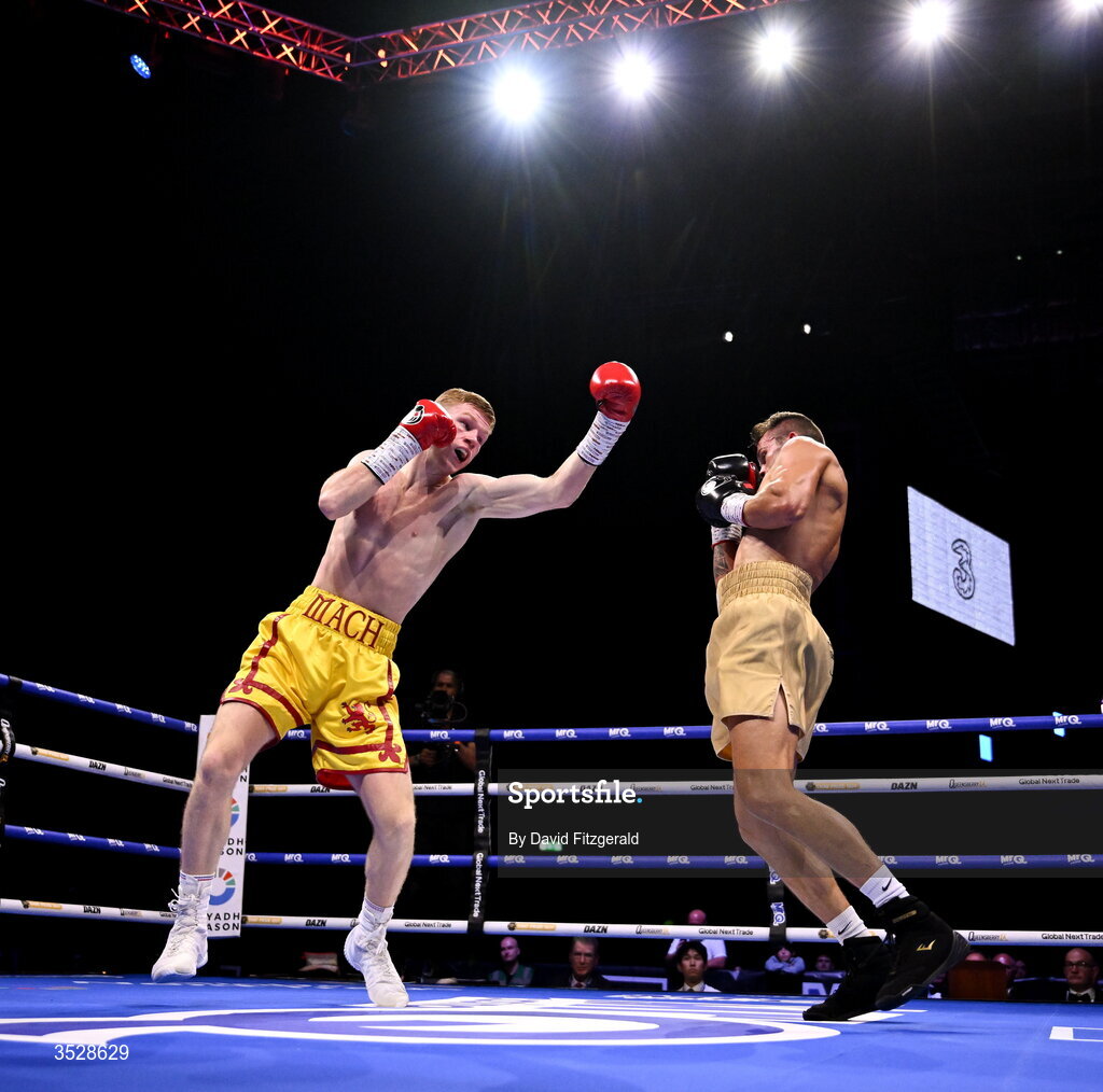 1 August 2026; Machlan Arthur, left, in action against Ryan Frost during their welterweight bout during the Boxing in Dublin event at the 3Arena in Dublin. Photo by David Fitzgerald/Sportsfile