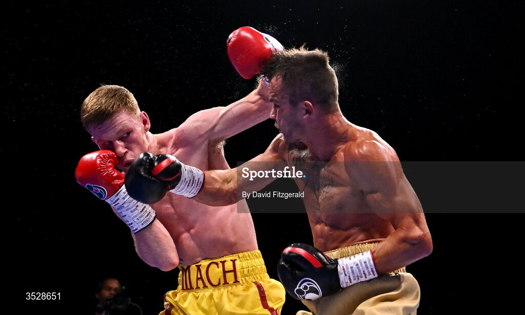 1 August 2026; Machlan Arthur, left, in action against Ryan Frost during their welterweight bout during the Boxing in Dublin event at the 3Arena in Dublin. Photo by David Fitzgerald/Sportsfile