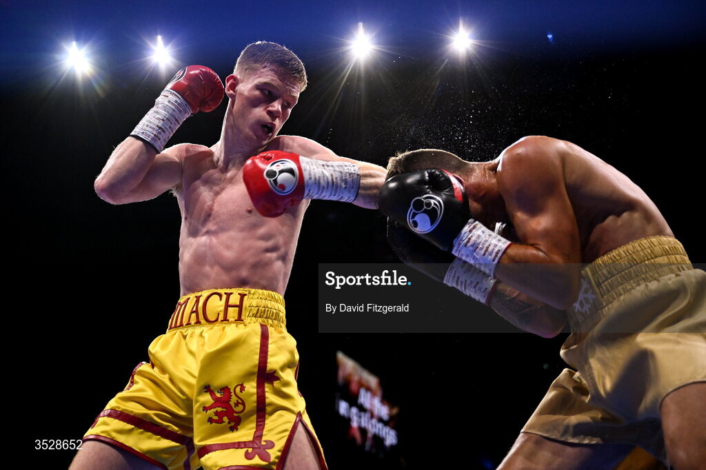 1 August 2026; Machlan Arthur, left, in action against Ryan Frost during their welterweight bout during the Boxing in Dublin event at the 3Arena in Dublin. Photo by David Fitzgerald/Sportsfile