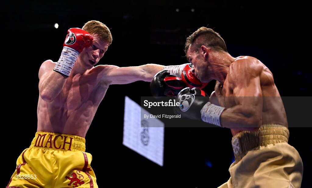 1 August 2026; Machlan Arthur, left, in action against Ryan Frost during their welterweight bout during the Boxing in Dublin event at the 3Arena in Dublin. Photo by David Fitzgerald/Sportsfile