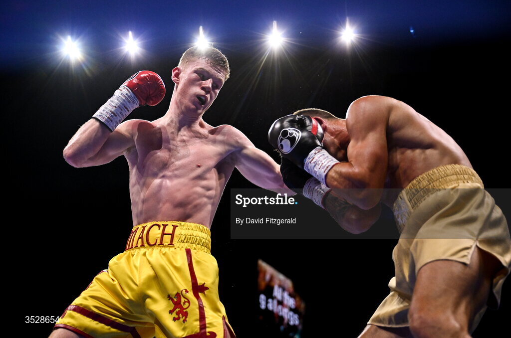 1 August 2026; Machlan Arthur, left, in action against Ryan Frost during their welterweight bout during the Boxing in Dublin event at the 3Arena in Dublin. Photo by David Fitzgerald/Sportsfile