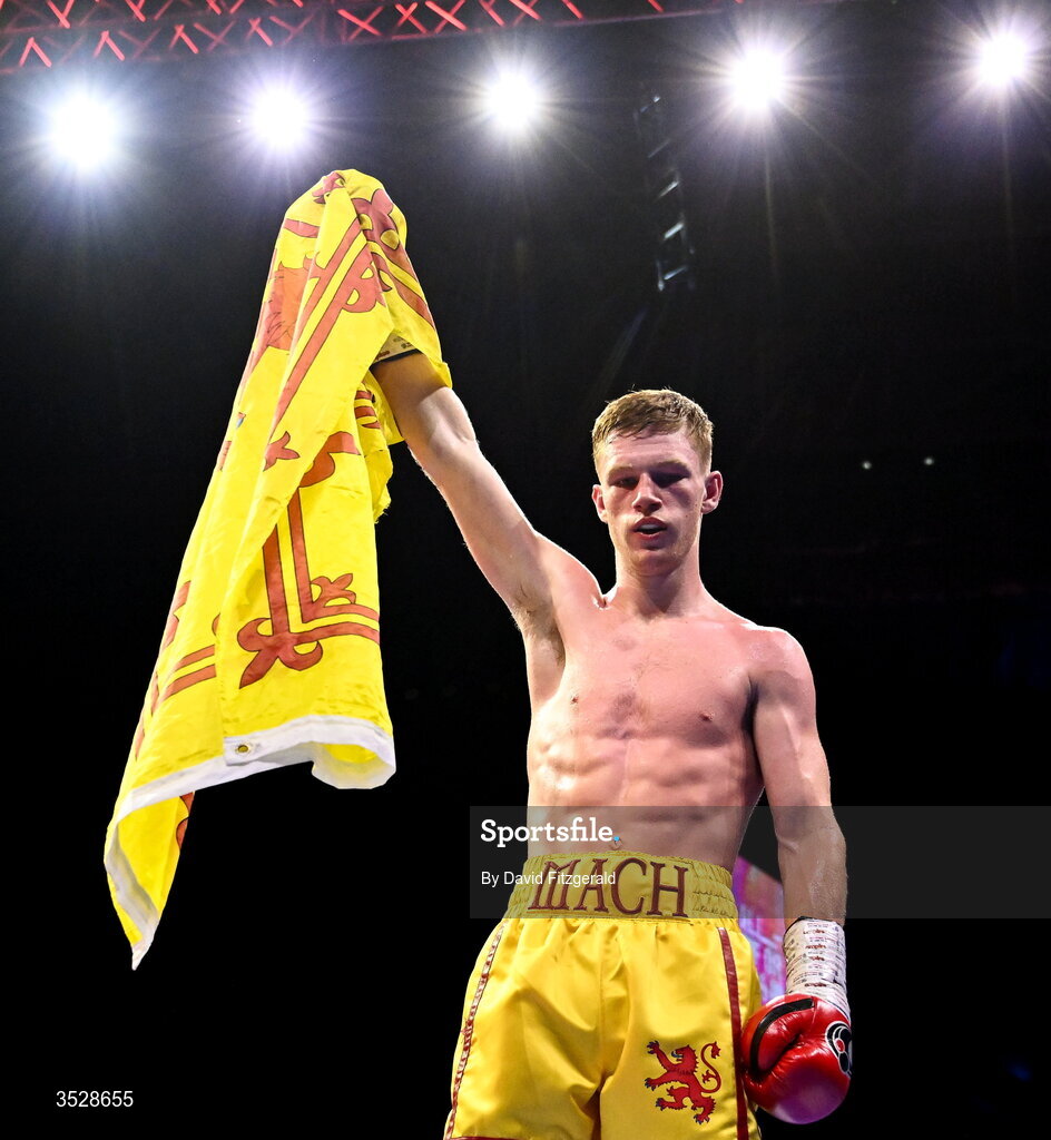 1 August 2026; Machlan Arthur celebrates after being declared the winner against Ryan Frost in their welterweight bout during the Boxing in Dublin event at the 3Arena in Dublin. Photo by David Fitzgerald/Sportsfile