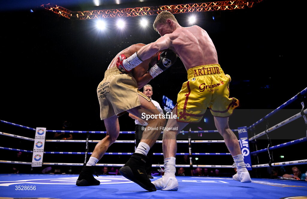 1 August 2026; Machlan Arthur, right, in action against Ryan Frost during their welterweight bout during the Boxing in Dublin event at the 3Arena in Dublin. Photo by David Fitzgerald/Sportsfile