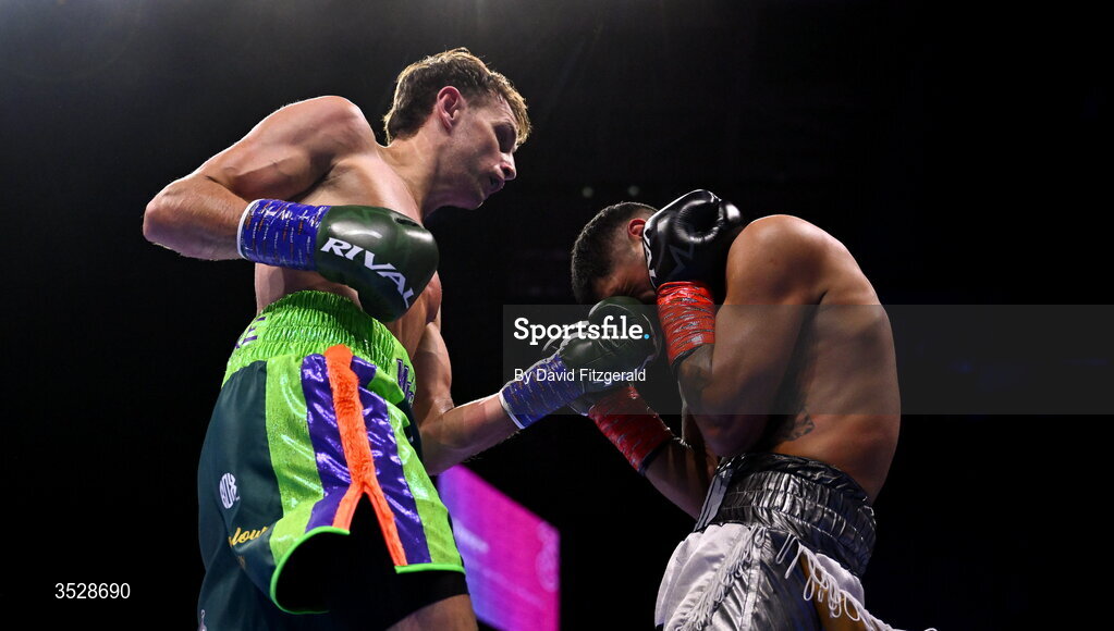 1 August 2026; Sean McComb, left, in action against Miguel Cesario Antin during their super lightweight bout during the Boxing in Dublin event at the 3Arena in Dublin. Photo by David Fitzgerald/Sportsfile