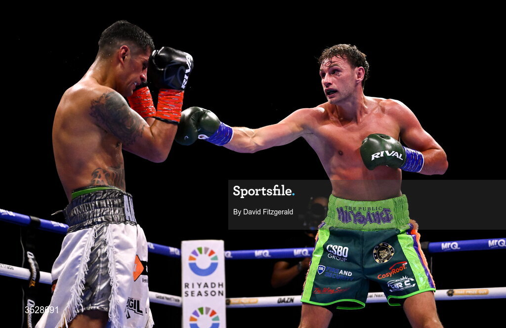 1 August 2026; Sean McComb, right, in action against Miguel Cesario Antin during their super lightweight bout during the Boxing in Dublin event at the 3Arena in Dublin. Photo by David Fitzgerald/Sportsfile