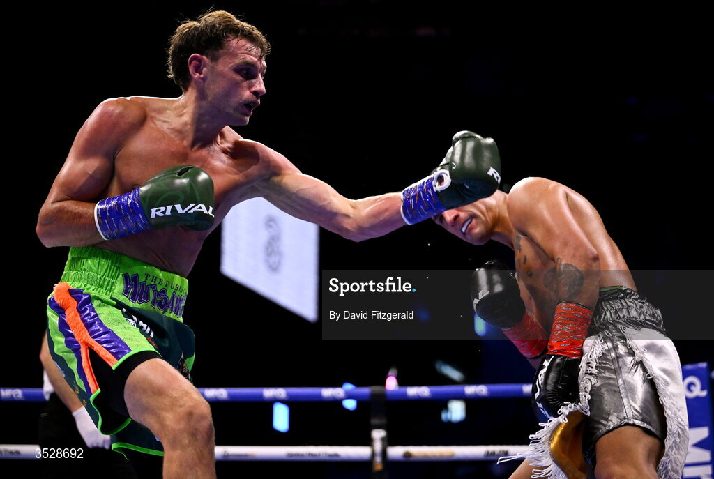 1 August 2026; Sean McComb, left, in action against Miguel Cesario Antin during their super lightweight bout during the Boxing in Dublin event at the 3Arena in Dublin. Photo by David Fitzgerald/Sportsfile