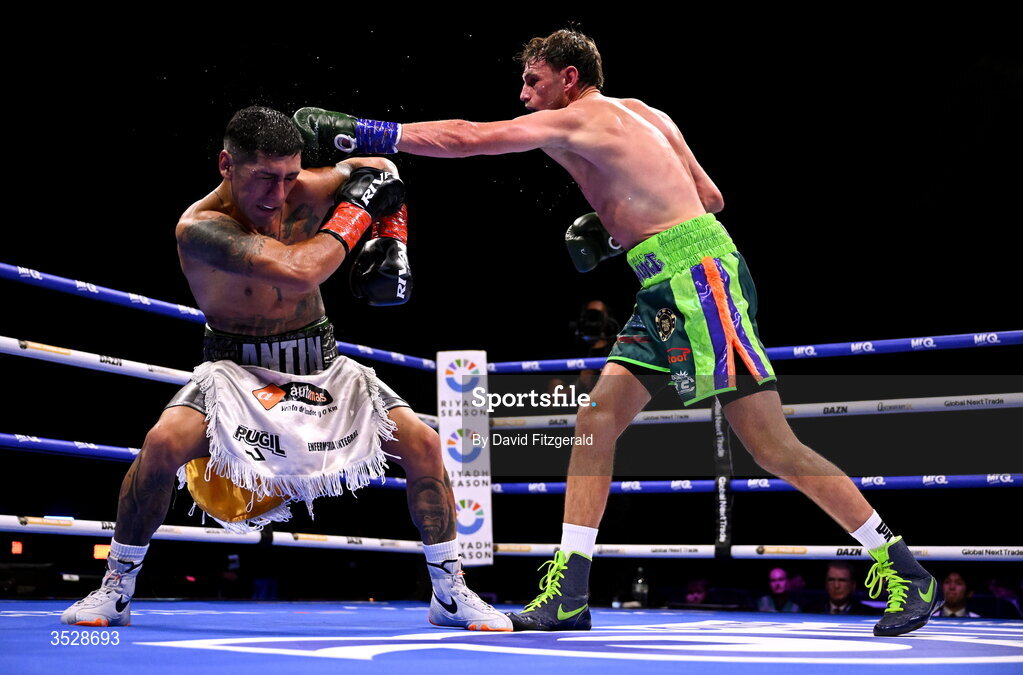1 August 2026; Sean McComb, right, in action against Miguel Cesario Antin during their super lightweight bout during the Boxing in Dublin event at the 3Arena in Dublin. Photo by David Fitzgerald/Sportsfile