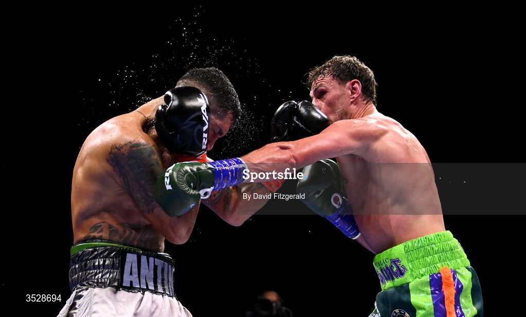1 August 2026; Sean McComb, right, in action against Miguel Cesario Antin during their super lightweight bout during the Boxing in Dublin event at the 3Arena in Dublin. Photo by David Fitzgerald/Sportsfile