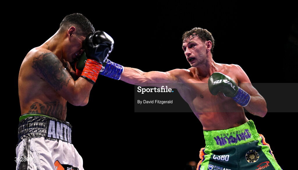 1 August 2026; Sean McComb, right, in action against Miguel Cesario Antin during their super lightweight bout during the Boxing in Dublin event at the 3Arena in Dublin. Photo by David Fitzgerald/Sportsfile