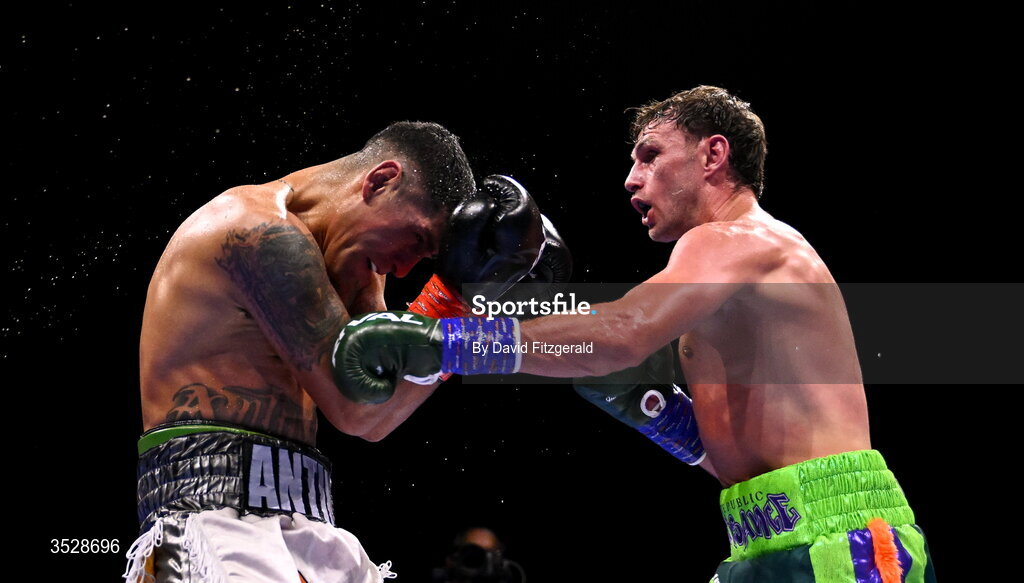 1 August 2026; Sean McComb, right, in action against Miguel Cesario Antin during their super lightweight bout during the Boxing in Dublin event at the 3Arena in Dublin. Photo by David Fitzgerald/Sportsfile
