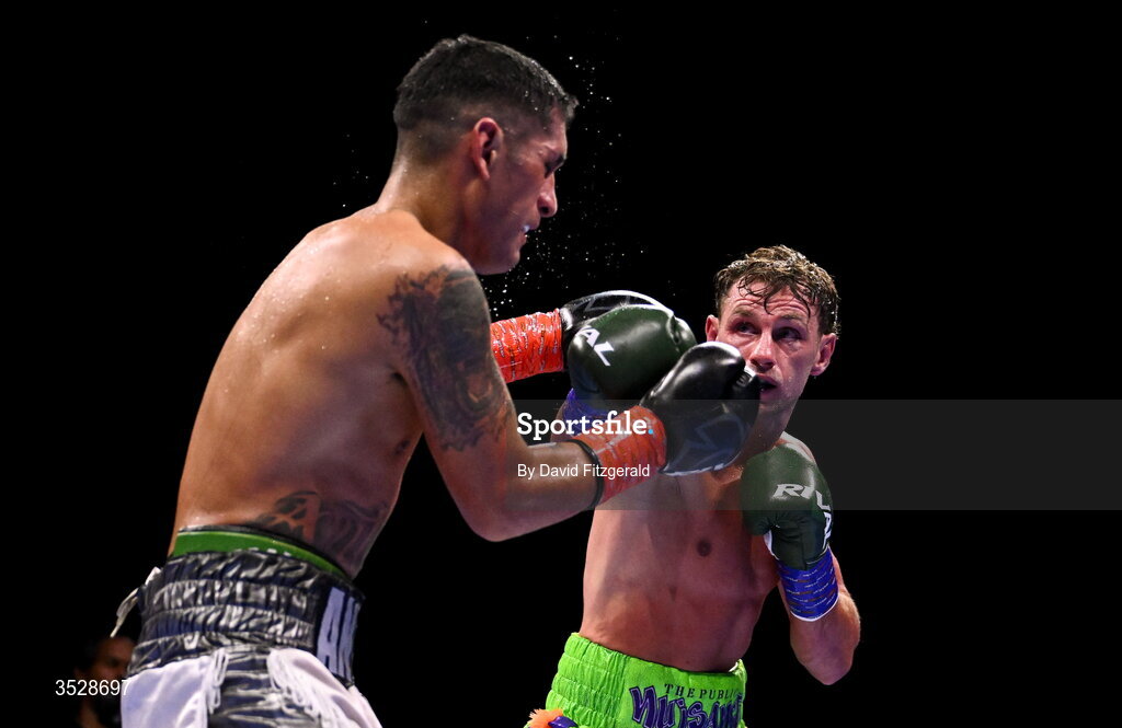 1 August 2026; Sean McComb, right, in action against Miguel Cesario Antin during their super lightweight bout during the Boxing in Dublin event at the 3Arena in Dublin. Photo by David Fitzgerald/Sportsfile