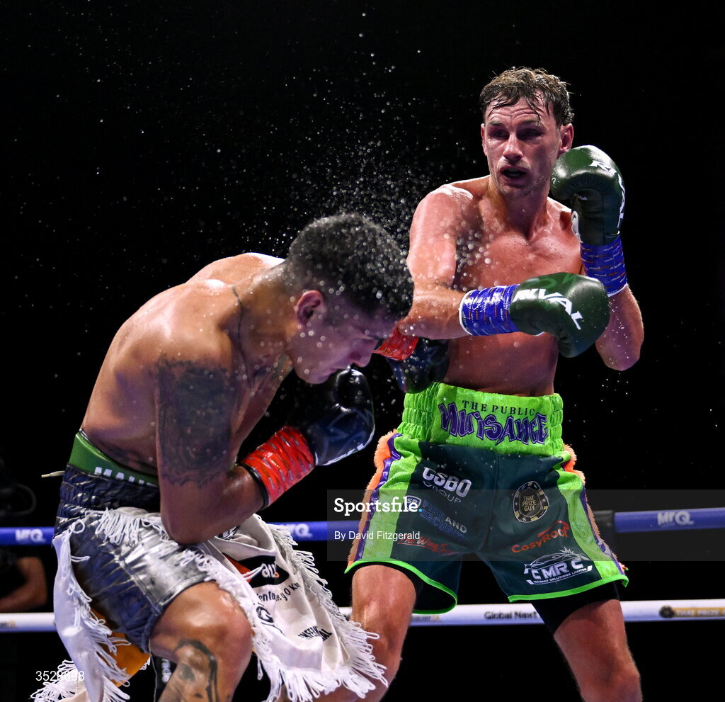 1 August 2026; Sean McComb, right, in action against Miguel Cesario Antin during their super lightweight bout during the Boxing in Dublin event at the 3Arena in Dublin. Photo by David Fitzgerald/Sportsfile