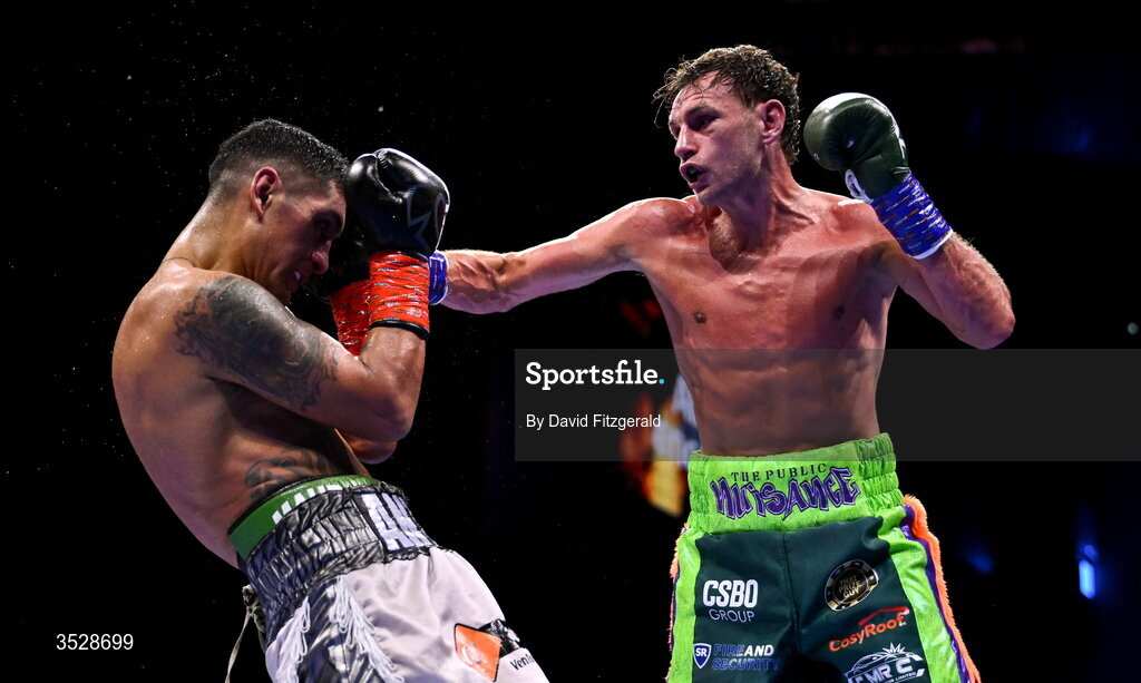 1 August 2026; Sean McComb, right, in action against Miguel Cesario Antin during their super lightweight bout during the Boxing in Dublin event at the 3Arena in Dublin. Photo by David Fitzgerald/Sportsfile