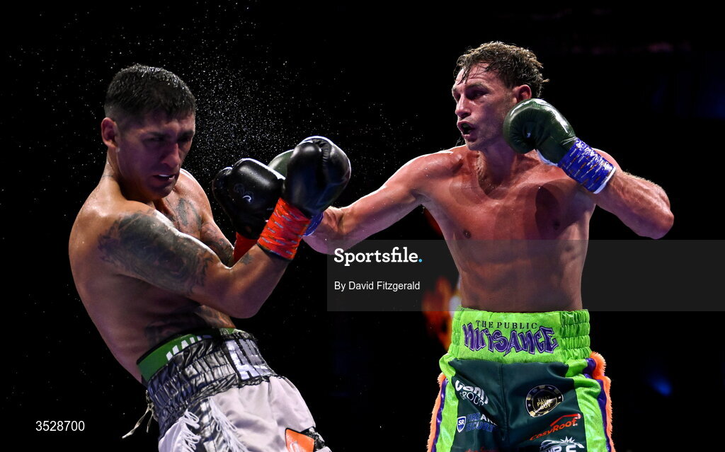 1 August 2026; Sean McComb, right, in action against Miguel Cesario Antin during their super lightweight bout during the Boxing in Dublin event at the 3Arena in Dublin. Photo by David Fitzgerald/Sportsfile