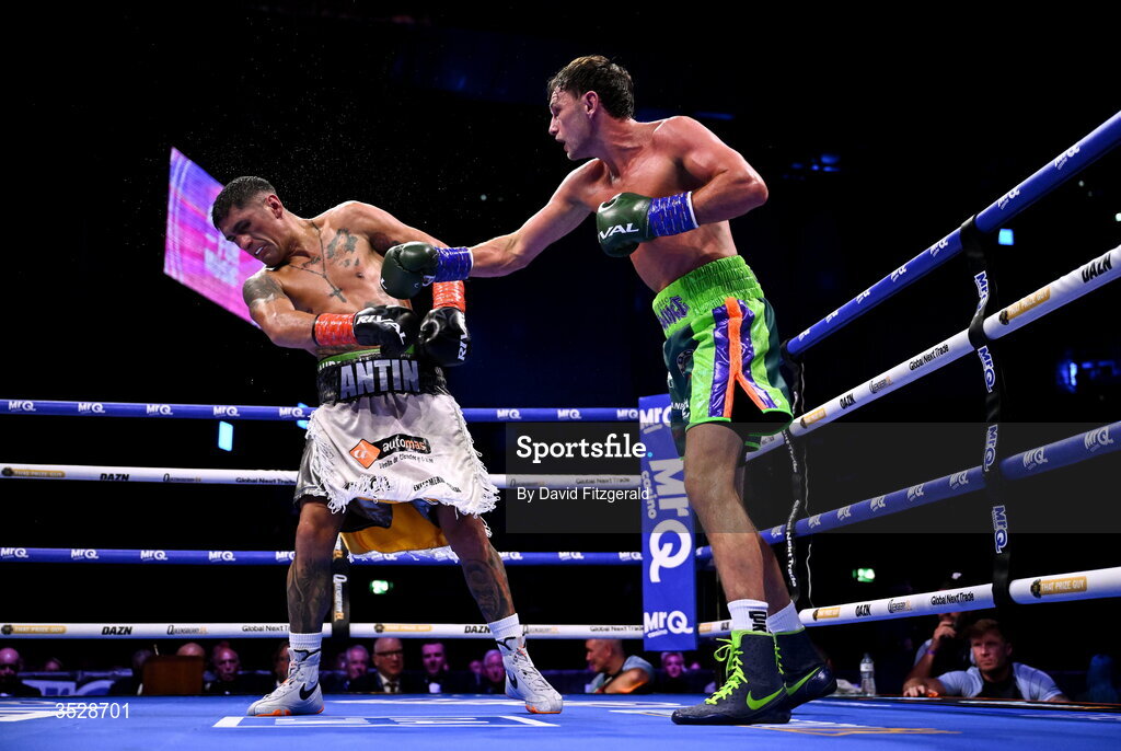1 August 2026; Sean McComb, right, in action against Miguel Cesario Antin during their super lightweight bout during the Boxing in Dublin event at the 3Arena in Dublin. Photo by David Fitzgerald/Sportsfile