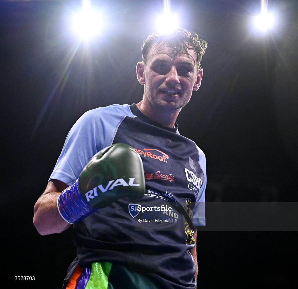 1 August 2026; Sean McComb celebrates after being delcared victorious against Miguel Cesario Antin after their super lightweight bout during the Boxing in Dublin event at the 3Arena in Dublin. Photo by David Fitzgerald/Sportsfile