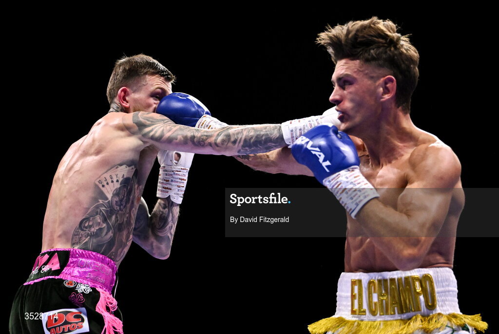 1 August 2026; Lee Reeves, right, in action against Gary Cully during their BUI Irish Super Lightweight Title bout during the Boxing in Dublin event at the 3Arena in Dublin. Photo by David Fitzgerald/Sportsfile