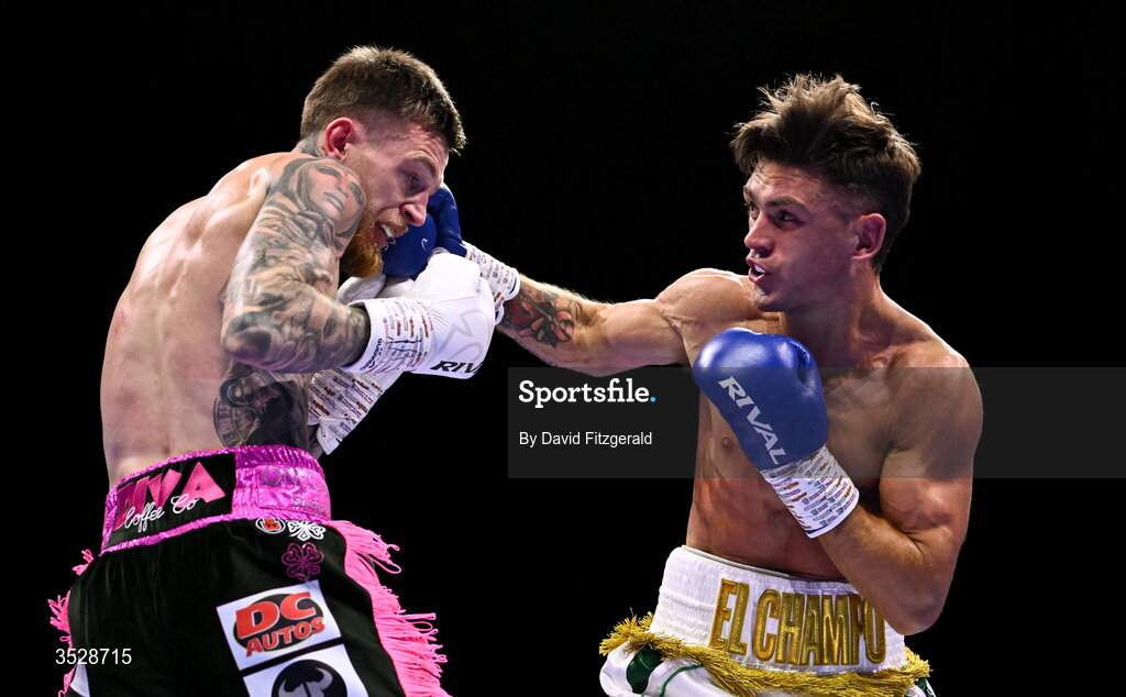 1 August 2026; Lee Reeves, right, in action against Gary Cully during their BUI Irish Super Lightweight Title bout during the Boxing in Dublin event at the 3Arena in Dublin. Photo by David Fitzgerald/Sportsfile