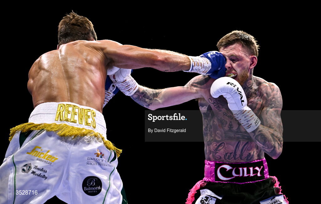 1 August 2026; Gary Cully, right, in action against Lee Reeves during their BUI Irish Super Lightweight Title bout during the Boxing in Dublin event at the 3Arena in Dublin. Photo by David Fitzgerald/Sportsfile