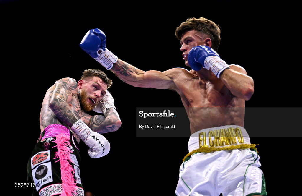 1 August 2026; Lee Reeves, right, in action against Gary Cully during their BUI Irish Super Lightweight Title bout during the Boxing in Dublin event at the 3Arena in Dublin. Photo by David Fitzgerald/Sportsfile