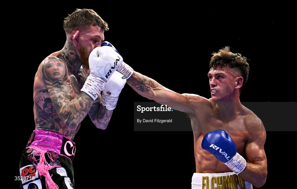 1 August 2026; Lee Reeves, right, in action against Gary Cully during their BUI Irish Super Lightweight Title bout during the Boxing in Dublin event at the 3Arena in Dublin. Photo by David Fitzgerald/Sportsfile