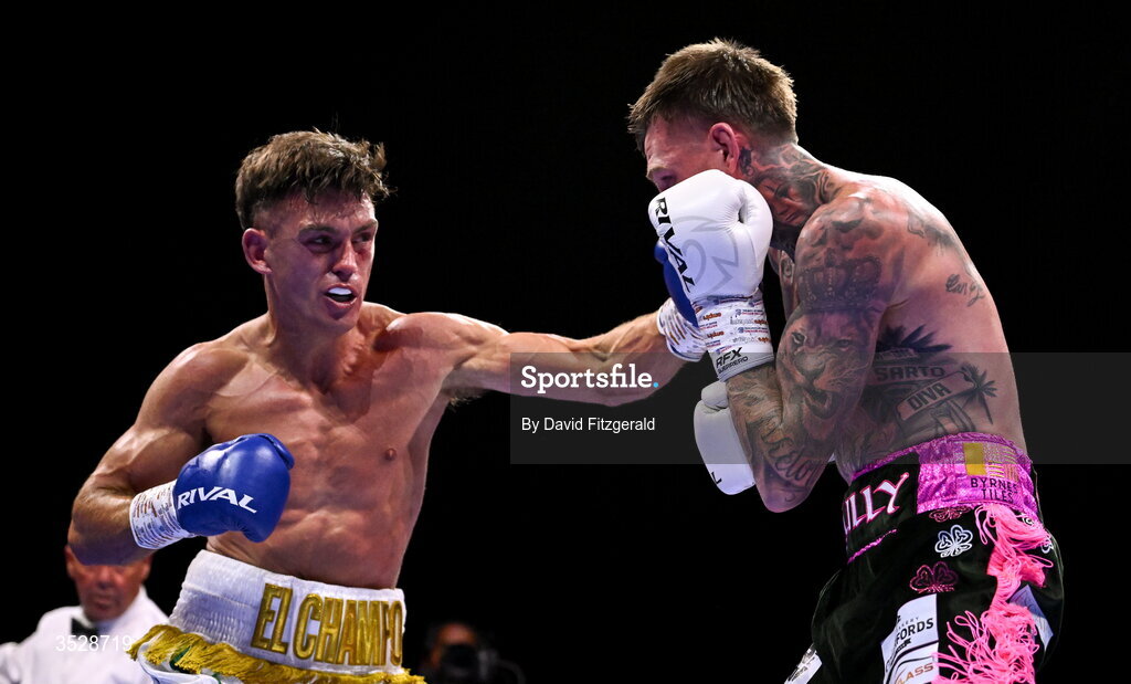 1 August 2026; Lee Reeves, left, in action against Gary Cully during their BUI Irish Super Lightweight Title bout during the Boxing in Dublin event at the 3Arena in Dublin. Photo by David Fitzgerald/Sportsfile