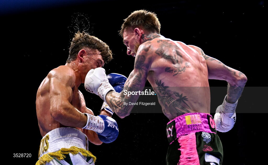 1 August 2026; Gary Cully, right, in action against Lee Reeves during their BUI Irish Super Lightweight Title bout during the Boxing in Dublin event at the 3Arena in Dublin. Photo by David Fitzgerald/Sportsfile