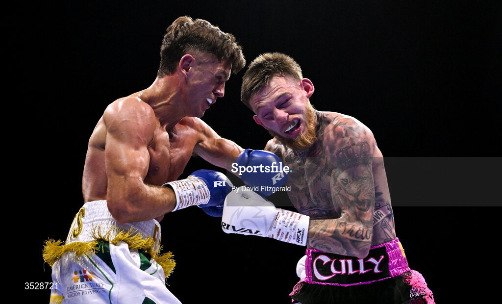 1 August 2026; Gary Cully, right, in action against Lee Reeves during their BUI Irish Super Lightweight Title bout during the Boxing in Dublin event at the 3Arena in Dublin. Photo by David Fitzgerald/Sportsfile