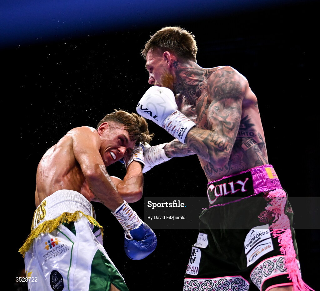 1 August 2026; Gary Cully, right, in action against Lee Reeves during their BUI Irish Super Lightweight Title bout during the Boxing in Dublin event at the 3Arena in Dublin. Photo by David Fitzgerald/Sportsfile